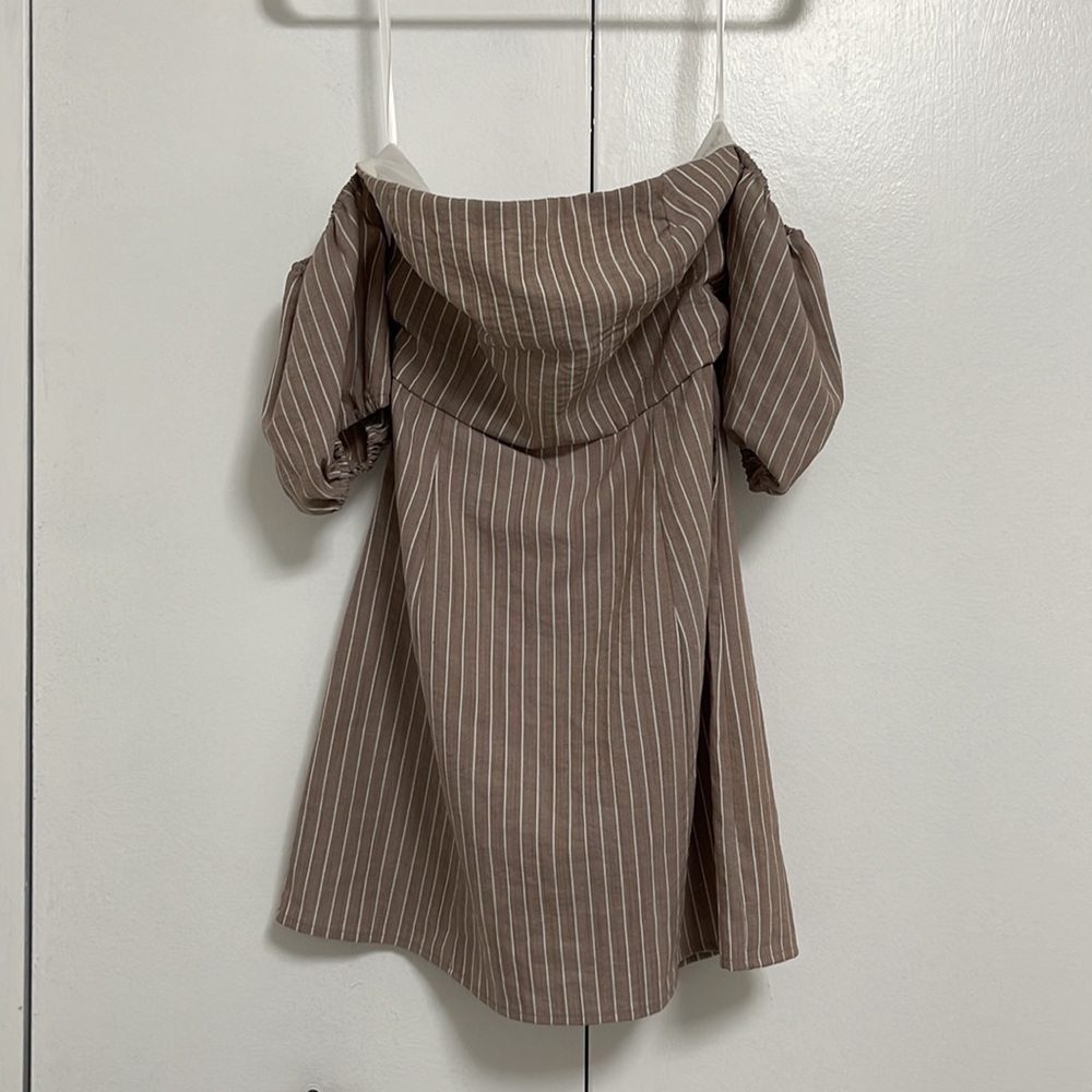 Revolve Privacy Please mauve striped off the shoulder mini dress